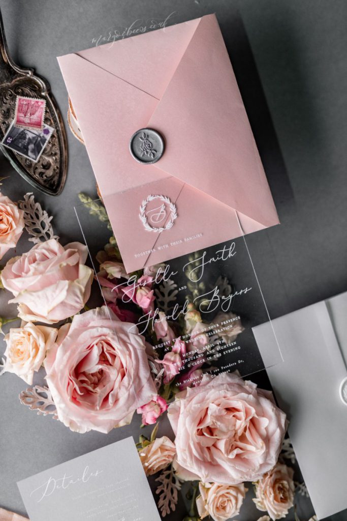 The most romantic Blush Pink & Grey Transparent wedding invitations ...