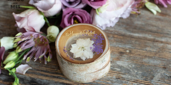 engraved wedding ring box  • personalised rustic ring box • real flowers in epoxy luxury ring box