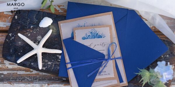 Beach Wedding invitations Navy Wedding Invites destination wedding Cards with vellum and pearls