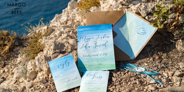 Watercolor beach Wedding Invitations, Minimalist Watercolor Seaside Wedding Invites, Greek Wedding Cards wih twine and wax seal