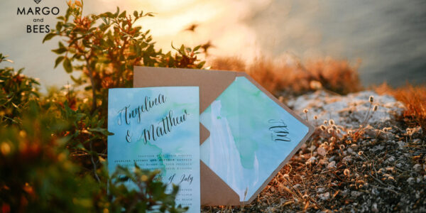 Watercolor beach Wedding Invitations, Minimalist Watercolor Seaside Wedding Invites, Italian Wedding Cards