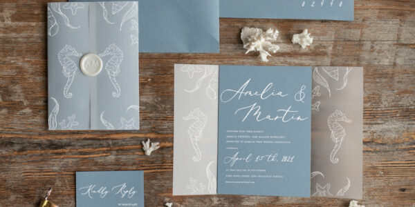 Beach dusty Blue  Wedding invitations Vellum wrapping Wedding Invites with Sea horses Wax seal wedding Cards