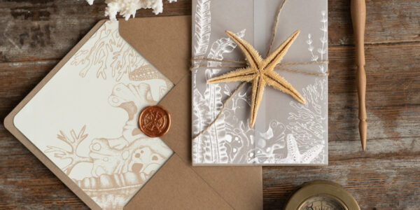 Beach  Wedding invitations Vellum wrapping Wedding Invites with starfish Rustic wedding Cards with wax seal