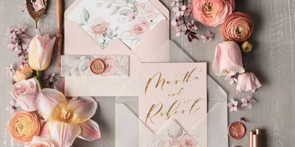 Elegant wedding invitation Suite, blush Pink  Gold Wedding Cards, Floral Romantic Wedding Invites with vellum belly band and wax seal