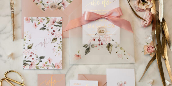 Affordable wedding invitations , Elegant wedding Invitation Suite with  Pink Bow , Blush Floral Wedding Cards