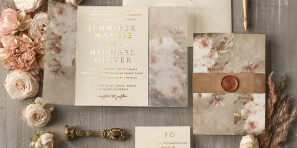 Nude Wedding invitations, Gold Wedding Invites with Vellum Wrapping and Wax seal, Vintage Flowers Wedding Cards