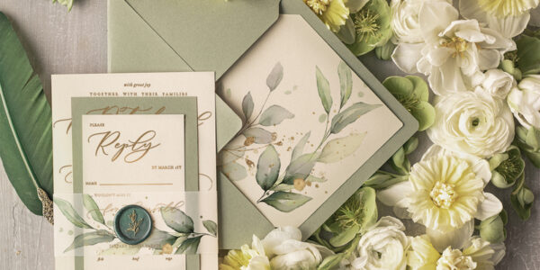 Greenery wedding invitations Gold Foil Calligrapy Wedding Invites with Eucaliptus Leaves , Luxury Wedding Invitation Suite