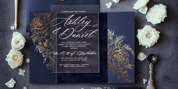 Navy blue Velvet Wedding Invitations, Moody Luxury Wedding Invitation Suite, Clear Wedding Card with Wax seal