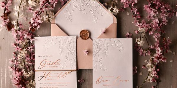 Rose Gold Embossed wedding invitation Suite,  elegant embossed flowers Rose Gold Wedding Invites, Blush Pink Envelope Wedding Crads