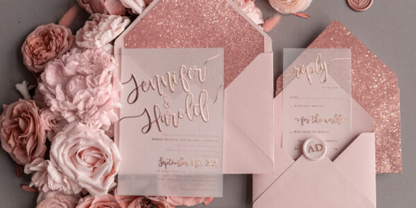 Bespoke wedding invitations, Rose Gold Vellum Wedding Invitation Suite, Blush Pink and Glamour Glitter Wedding Stationery