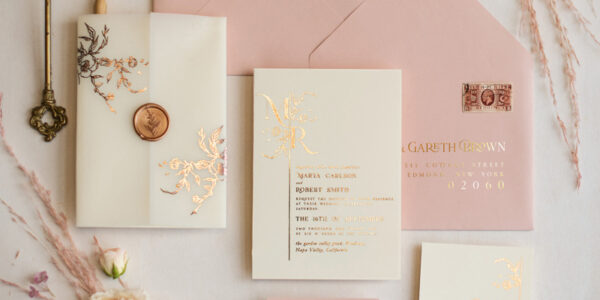 Elegant wedding invitations, glam gold rose gold wedding cards, cream fancy wedding invitiation suite