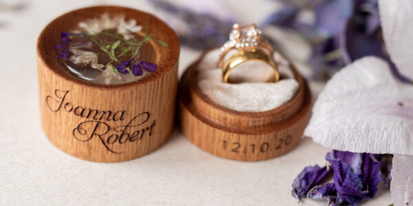 wood wedding ring box  • rustic wedding rings box • real flowers in resin luxury ring box