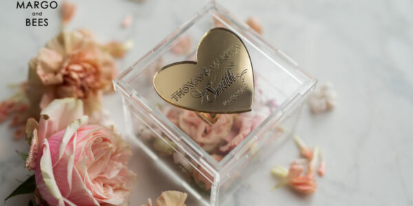 Clear transparent wedding box, wood wedding ring box  • Gold wedding rings box • Gold Heart luxury ring box