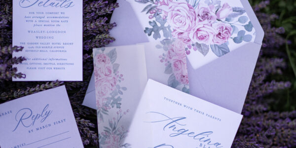 Elegant wedding invitations, lavender lila wedding cards stationery, purple classic wedding invitation suite