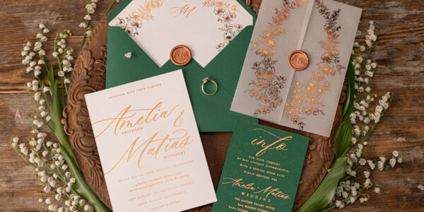 Elegant Green wedding invitation Suite, Spring Gold Wedding Cards, gold Leaves Romantic Wedding Invites, Greenery vellum Wrapping