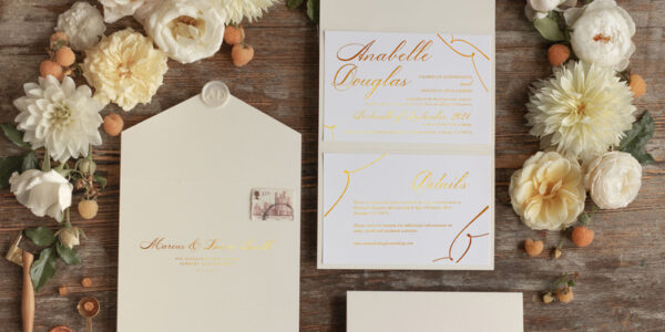 Personalised Wedding invitations shiny gold stationery ecru ivory