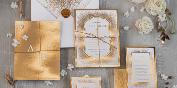 Modern Wedding invitations shiny gold stationery