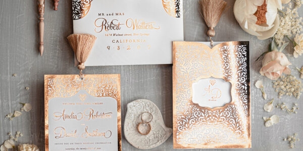 Elegant wedding invitation Suite, Luxury Arabic Gold Wedding Cards, Pocket Wedding Invites with Gold Tassel