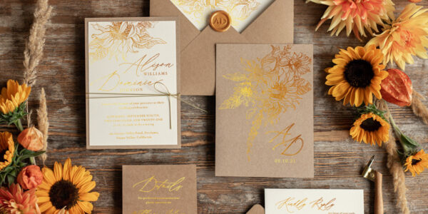 Rustic wedding invitations, Gold Sunflowers Wedding Invites, Rustic Glam Golden Wedding Cards