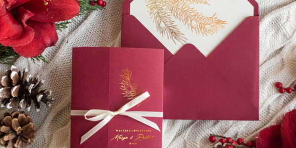 Christmas  Wedding invitations winter time marsala gold lettering Wedding Cards, Pocketfold Xmas Wedding Invites