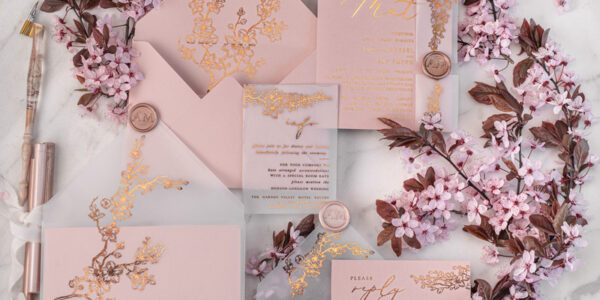 Spring Cherry Blossom wedding invitations, Rose Gold Vellum Wedding Invitation Suite, Pink Sakura  Wedding Stationery