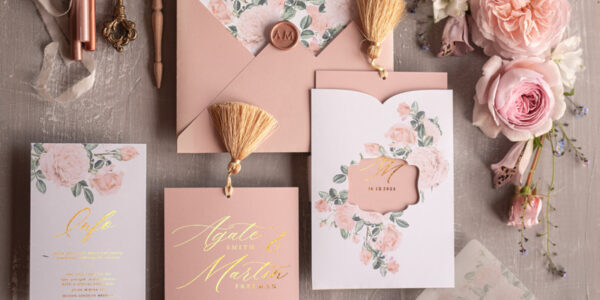 Elegant Blush  wedding invitation Suite, Luxury Arabic Gold Wedding Cards, Pocket Wedding Invites with Blush Flowers ang Gold Tassel