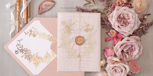 Elegant wedding invitation Suite, blush Pink  Gold Wedding Cards, gold  Floral Romantic Wedding Invites  vellum Wrapping  and wax seal