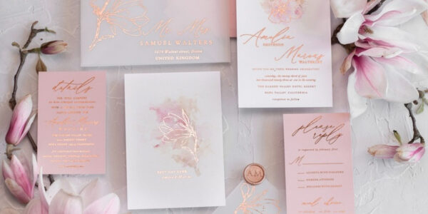 Spring Magnolia Flowers wedding invitations, Rose Gold Vellum Wedding Invitation Suite, Pink Sakura  Wedding Stationery