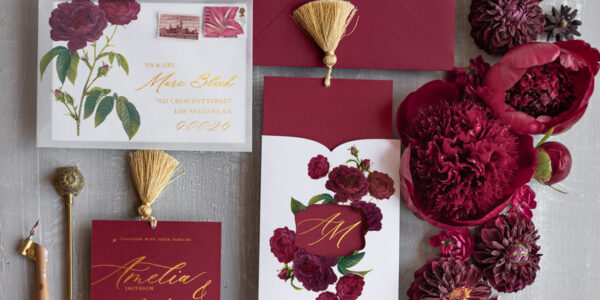 Marsala wedding invitation Suite, Luxury Indian Red and Gold Wedding Cards, Pocket Wedding Invites with gold Tassel