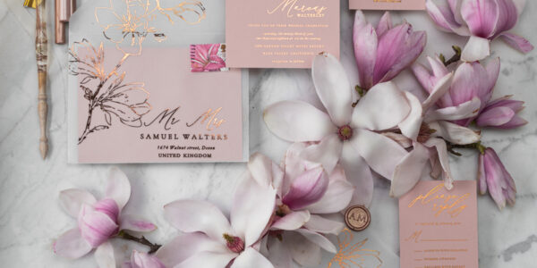 Spring Magnolia Flowers wedding invitations,  Gold Vellum Wedding Invitation Suite, Pink Sakura Wedding Stationery