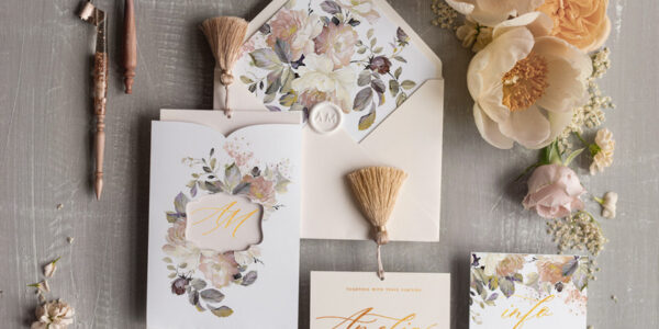Elegant wedding invitation Suite, Luxury Arabic Gold Wedding Cards, Pocket Wedding Invites with Ivory Flowers and Gold Tassel