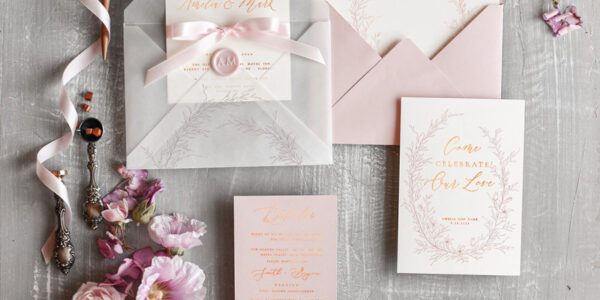 Elegant wedding invitation Suite, Floral Gold Wedding Cards, gold Pink Wedding Invites with Bow