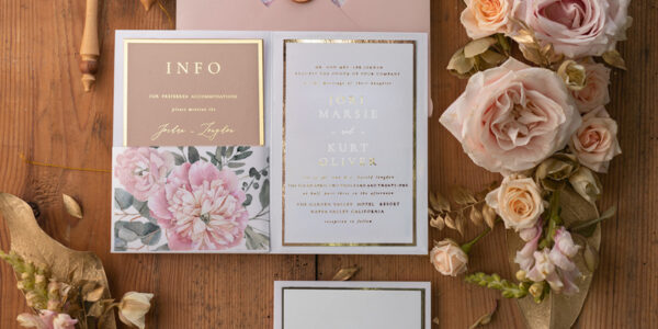 Gold Wedding Invitations,  Gold Lettering Vinatge  Peonies Wedding Stationery,  Pocket Fold Pink Elegant Wedding Invitations Suite