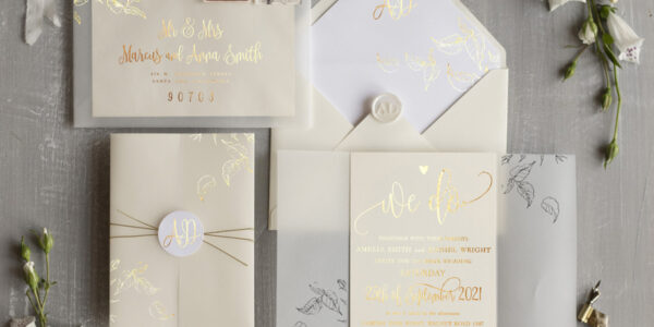 Elegant wedding invitation Suite, Ivory  Gold Wedding Cards, gold Leaves Romantic Wedding Invites, Leaf vellum Wrapping