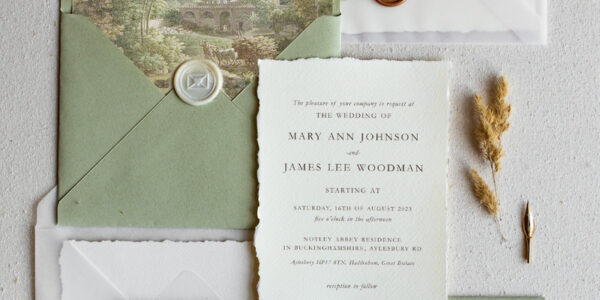 Unique wedding invitations glamour chic invites, craft paper stationery, elegant sage green wedding suite