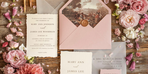 Custom blush pink wedding invitation, modern designed stationery oil picture landscape, elegant suite