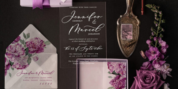 Transparent wedding invitation in box elegant classic invite with bow