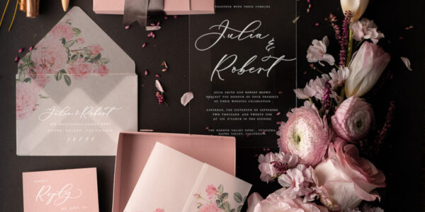 Stylish wedding invitation elegant classic perspex invites with vellum and spring flowers