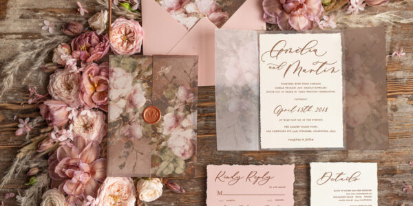 Romantic Vintage Wedding invitations, Vellum Wrapping and Wax Seal Wedding Invite, Elegant Blush Pink Wedding Cards