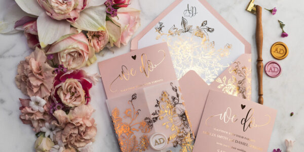 Blush Gold Wedding Invitations , Luxury Gold  Wedding Cards, Gold Vellum wrapping and wax seal Wedding stationery