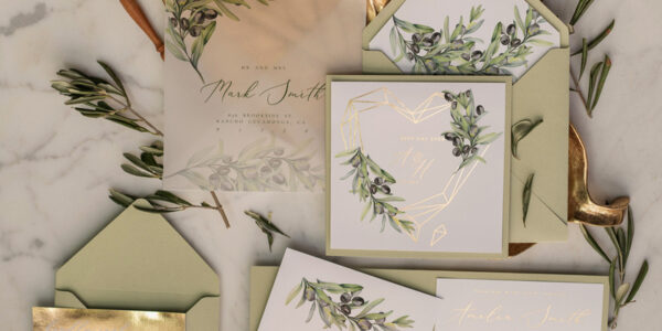 Tuscany Olive Branch Wedding Invitations, Gold Geometric Invites  perfect for Italy Wedding, Olives Wedding cards