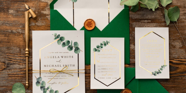 White and green wedding invitation with geometric design and gold lettering and twine