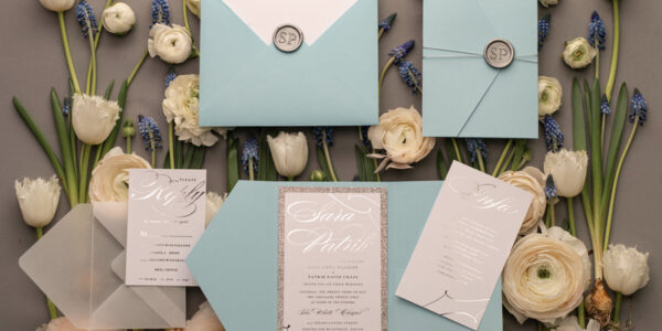 Personalised invitations for wedding silver baby blue colour palette