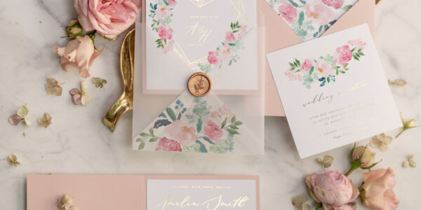 Luxory gold Wedding Invitations, Flowers Elegant Wedding Stationery,  Pink Elegant Wedding Invitations Suite