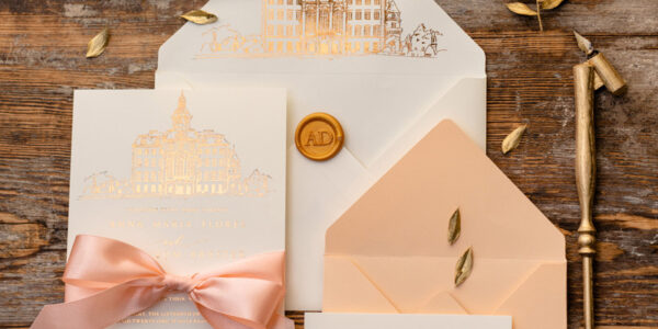 Wedding invitations sketch of your venue, Wedding Venue Luxury Invites, gold Wedding stationery