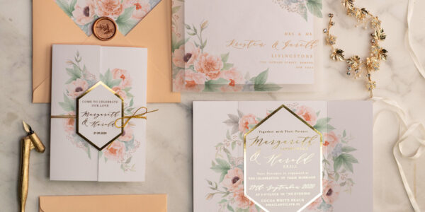 Luxory gold Wedding Invitations,  floral Elegant Wedding Stationery,  Peach Elegant Wedding Invitations Suite