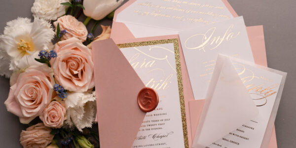 Handmade wedding invitations elegant gold blush colour theme