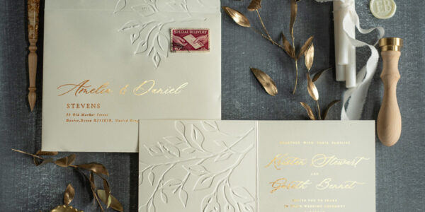 Embossed elegant wedding invitation Suite, Luxury Gold Wedding Invites  Embossing Branch, Ivory Leaves Wedding Cards