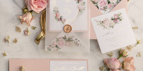 Luxory gold Wedding Invitations,  Vinatge Roses Elegant Wedding Stationery,  Pocket Fold Pink Elegant Wedding Invitations Suite