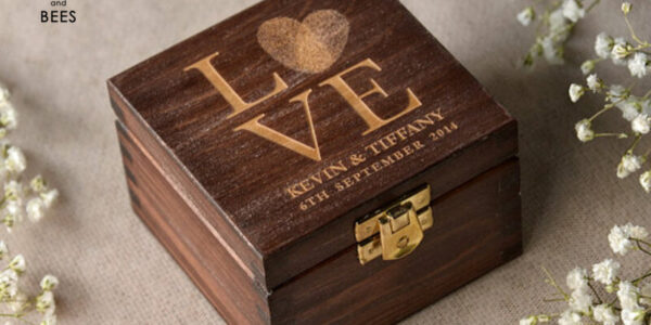 engraved wedding ring box  • personalised rustic ring box • real flowers in epoxy luxury ring box